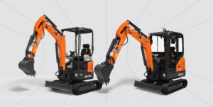 Studio image of Develon DX17 and DX19 mini excavators side by side